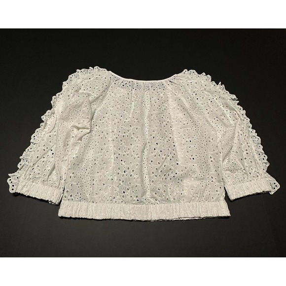 White House Black Market Eyelet Ruffle Blouson Cotton Top Blouse Off White XS - Picture 5 of 8
